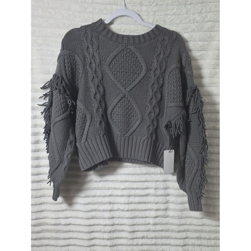 Line‎ and Dot Gray Cable Knit Fringe Sleeve Cropped Sweater Crew Neck Pullover